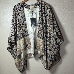 CHASER Tan‎ Blue Burgundy Floral Velvet NWT Silk Kimono Cardigan XXS Oversized